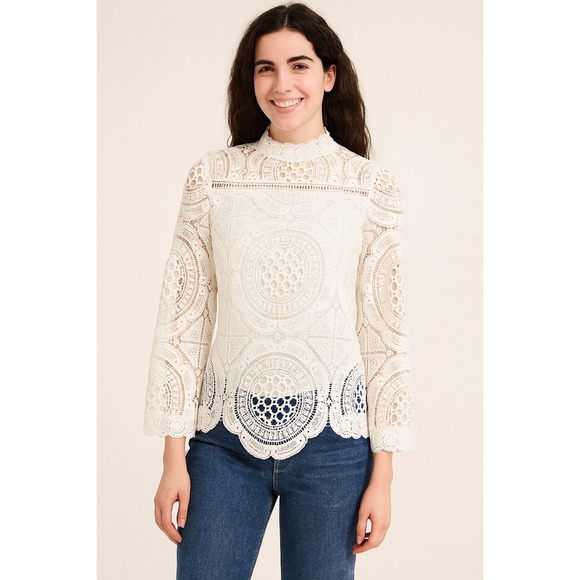 Vintage Button-Up Long Sleeve Lace Mockneck White Women's‎ Blouse Small 70s - Picture 1 of 6